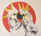 This vibrant dopamine-inspired painting features two striking yellow crested cockatoos facing each other, symbolizing connection and conversation.