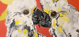 This vibrant dopamine-inspired painting features two striking yellow crested cockatoos facing each other, symbolizing connection and conversation.
