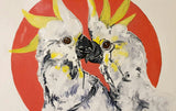 This vibrant dopamine-inspired painting features two striking yellow crested cockatoos facing each other, symbolizing connection and conversation.