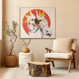 This vibrant dopamine-inspired painting features two striking yellow crested cockatoos facing each other, symbolizing connection and conversation.
