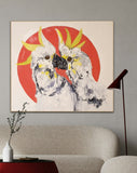 This vibrant dopamine-inspired painting features two striking yellow crested cockatoos facing each other, symbolizing connection and conversation.