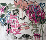 Artistic depiction of a face with floral elements and text 'Be your own muse' on a textured background.