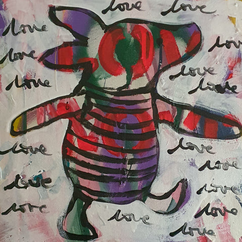 The Classic Piglet artwork is a nostalgic and heartwarming piece that brings the beloved character Piglet to life in a unique, modern way.

Set against a backdrop of love hearts, Piglet’s black outline allows the vibrant colors of the hearts to shine through, creating a playful and whimsical contrast.