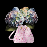 A luxurious fine art print featuring a detailed floral arrangement with a prominent Louis Vuitton handbag in the center, enveloped by vibrant cherry blossoms against a black background.
