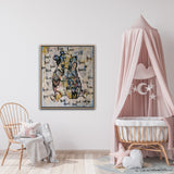 This enchanting artwork is part of my Classic Winnie The Pooh series. It is meticulously crafted upon layers of my signature love heart paintings, which are themselves painted on fabric donated to me to help reduce textile waste in our community.