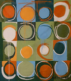 An abstract composition featuring a grid of 16 squares with circles in shades of blue, green, white, and orange on a green background.