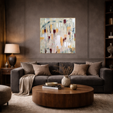 Large neutral abstract painting by Leah Justyce featured in a dark moody living room interior