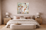 Large abstract artwork by Leah Justyce styled above a bed in a modern neutral bedroom interior.