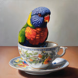 Chirps and Cups | Rainbow and Lorikeet and Tea Cup Art Print