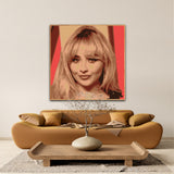 Handpainted pop art portrait of Sabrina Carpenter featuring bold colors and expressive brushstrokes, inspired by her songs Espresso and Feather, perfect wall art for music fans and collectors