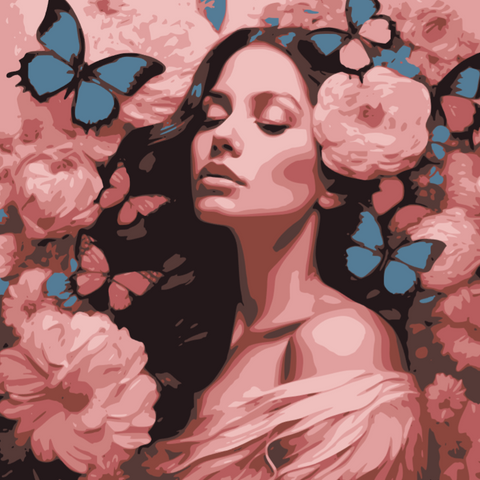 This enchanting portrait radiates with the softness and vibrancy of pink, celebrating femininity, grace, and transformation. The central figure, a serene woman, is adorned with delicate flowers and surrounded by fluttering butterflies, symbolizing beauty, renewal, and the cycles of life.