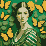 This enchanting portrait radiates with the softness and vibrancy of green, celebrating femininity, grace, and transformation. The central figure, a serene woman, is adorned with delicate flowers and surrounded by fluttering butterflies, symbolizing beauty, renewal, and the cycles of life.