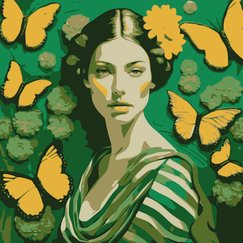 This enchanting portrait radiates with the softness and vibrancy of green, celebrating femininity, grace, and transformation. The central figure, a serene woman, is adorned with delicate flowers and surrounded by fluttering butterflies, symbolizing beauty, renewal, and the cycles of life.