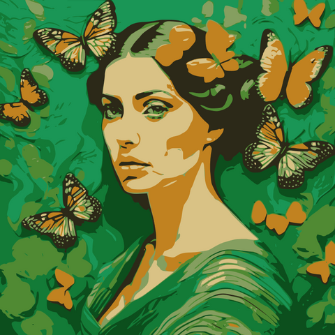 This enchanting portrait radiates with the softness and vibrancy of green, celebrating femininity, grace, and transformation. The central figure, a serene woman, is adorned with delicate flowers and surrounded by fluttering butterflies, symbolizing beauty, renewal, and the cycles of life.