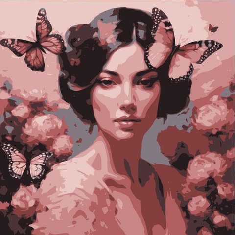 This enchanting portrait radiates with the softness and vibrancy of pink, celebrating femininity, grace, and transformation. The central figure, a serene woman, is adorned with delicate flowers and surrounded by fluttering butterflies, symbolizing beauty, renewal, and the cycles of life.