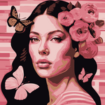This enchanting portrait radiates with the softness and vibrancy of pink, celebrating femininity, grace, and transformation. The central figure, a serene woman, is adorned with delicate flowers and surrounded by fluttering butterflies, symbolizing beauty, renewal, and the cycles of life.