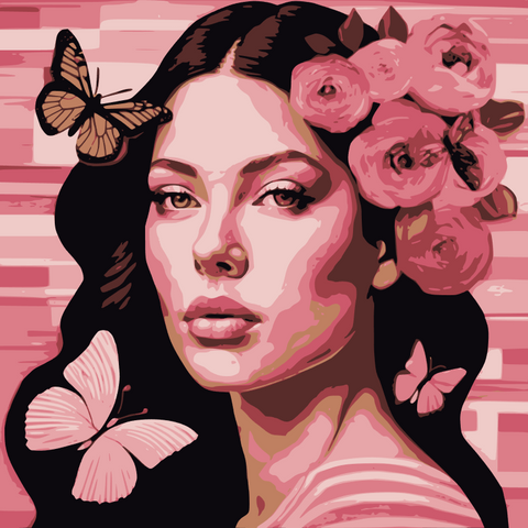 This enchanting portrait radiates with the softness and vibrancy of pink, celebrating femininity, grace, and transformation. The central figure, a serene woman, is adorned with delicate flowers and surrounded by fluttering butterflies, symbolizing beauty, renewal, and the cycles of life.