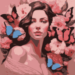 This enchanting portrait radiates with the softness and vibrancy of pink, celebrating femininity, grace, and transformation. The central figure, a serene woman, is adorned with delicate flowers and surrounded by fluttering butterflies, symbolizing beauty, renewal, and the cycles of life.