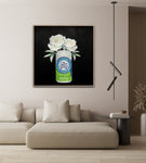 Fine art print featuring St Andrews Beach Brewery's vibrant beer cans, including 6 Furlongs Pale Ale and The Strapper Lager, artfully arranged among fresh, colorful flowers. A visually striking composition celebrating the fusion of local craft brewing heritage with natural beauty.