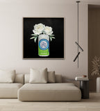 Fine art print featuring St Andrews Beach Brewery's vibrant beer cans, including 6 Furlongs Pale Ale and The Strapper Lager, artfully arranged among fresh, colorful flowers. A visually striking composition celebrating the fusion of local craft brewing heritage with natural beauty.