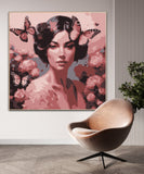 This enchanting portrait radiates with the softness and vibrancy of pink, celebrating femininity, grace, and transformation. The central figure, a serene woman, is adorned with delicate flowers and surrounded by fluttering butterflies, symbolizing beauty, renewal, and the cycles of life.