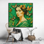 This enchanting portrait radiates with the softness and vibrancy of green, celebrating femininity, grace, and transformation. The central figure, a serene woman, is adorned with delicate flowers and surrounded by fluttering butterflies, symbolizing beauty, renewal, and the cycles of life.