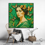 This enchanting portrait radiates with the softness and vibrancy of green, celebrating femininity, grace, and transformation. The central figure, a serene woman, is adorned with delicate flowers and surrounded by fluttering butterflies, symbolizing beauty, renewal, and the cycles of life.
