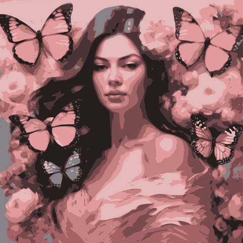 This enchanting portrait radiates with the softness and vibrancy of pink, celebrating femininity, grace, and transformation. The central figure, a serene woman, is adorned with delicate flowers and surrounded by fluttering butterflies, symbolizing beauty, renewal, and the cycles of life.