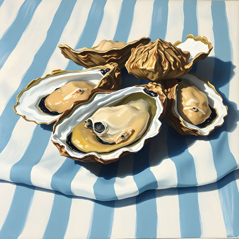Oysters On Striped Fabric - Fine Art Prints