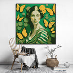 This enchanting portrait radiates with the softness and vibrancy of green, celebrating femininity, grace, and transformation. The central figure, a serene woman, is adorned with delicate flowers and surrounded by fluttering butterflies, symbolizing beauty, renewal, and the cycles of life.