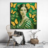This enchanting portrait radiates with the softness and vibrancy of green, celebrating femininity, grace, and transformation. The central figure, a serene woman, is adorned with delicate flowers and surrounded by fluttering butterflies, symbolizing beauty, renewal, and the cycles of life.