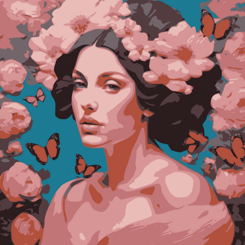 This enchanting portrait radiates with the softness and vibrancy of pink, celebrating femininity, grace, and transformation. The central figure, a serene woman, is adorned with delicate flowers and surrounded by fluttering butterflies, symbolizing beauty, renewal, and the cycles of life.