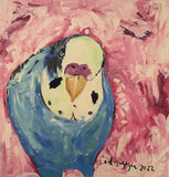 A painted depiction of a budgie on a pink background, signed by Leah Justyce.